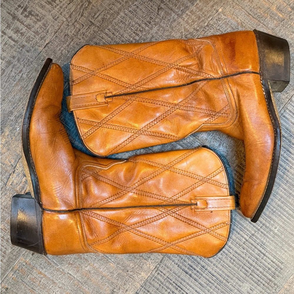 Vintage Acme Studios Quilted Cowboy Boots | Made in USA | Caramel Leather